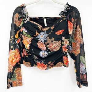 B+Vestry Floral Print Ruched Long Sleeve‎ Mesh Going Out Bustier Blouse Size L
